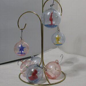 Lot of 7 Old Vintage Clear Plastic MCM Christmas Ornaments Xmas Figures Inside